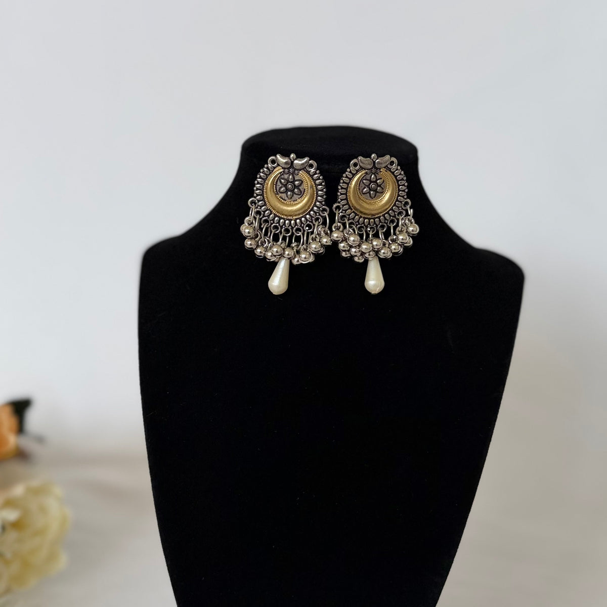 Oxidized Silver Gold Necklace Set, Statement Tribal Jewelry, Dual Tone Indian Necklace, Ghungroo Pendant Earrings, Navratri Garba Jewelry