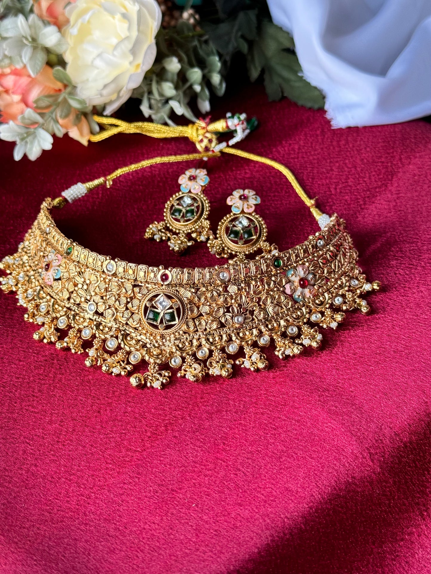 Antique Gold Kundan Choker Necklace Set with Earrings, Traditional Indian Bridal Jewelry, Floral Pearl Choker, Wedding Festive Jewelry