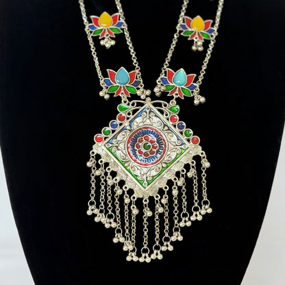 Oxidized Silver Necklace Set, Long Indian Statement Necklace, Colorful Lotus Jewelry, Ghungroo Pendant, Ethnic Boho Necklace Earrings,