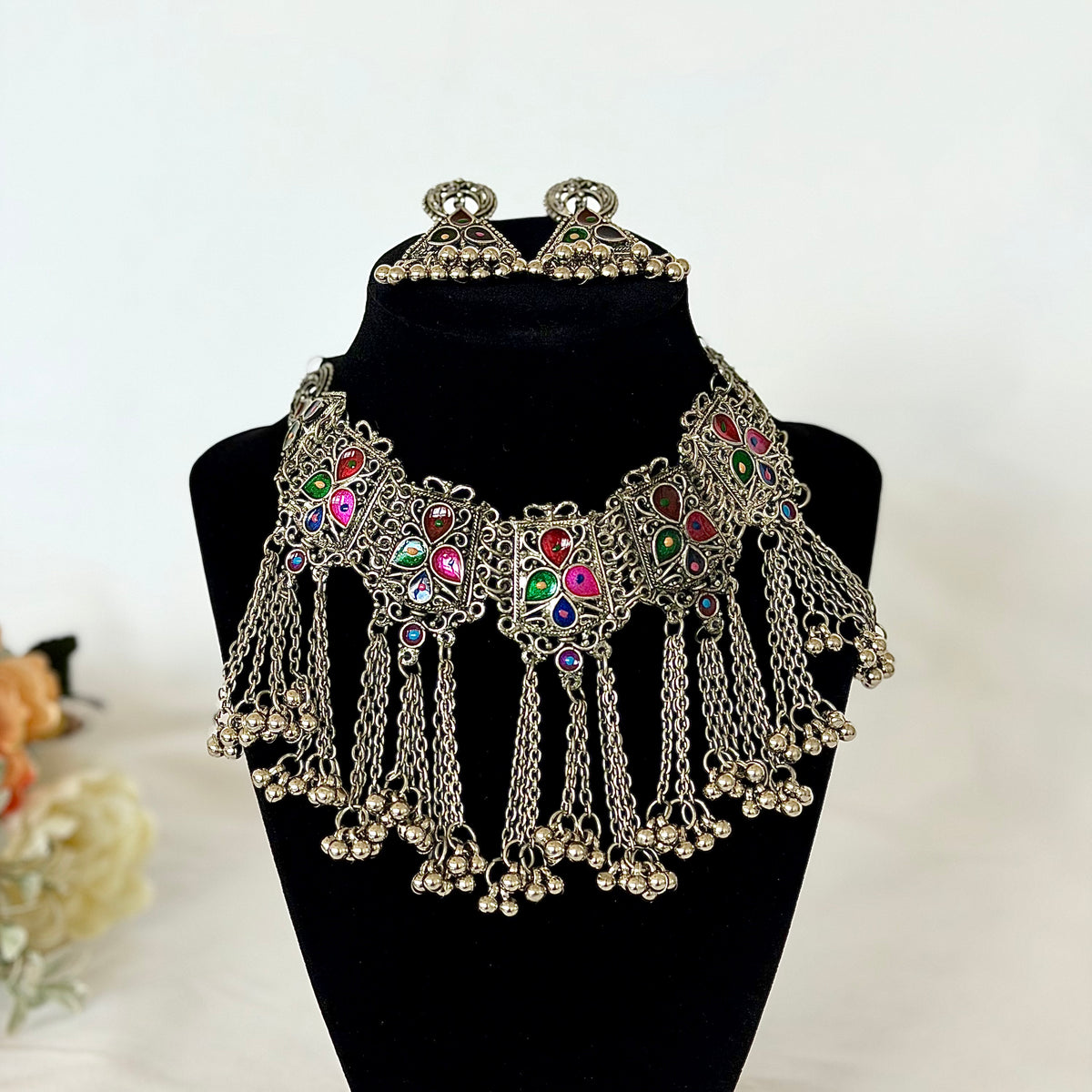 Oxidized Silver Multicolor Necklace Set, Ghungroo Statement Jewelry, Indian Boho Necklace Earrings, Navratri Garba Jewelry, Tribal Jewelry S