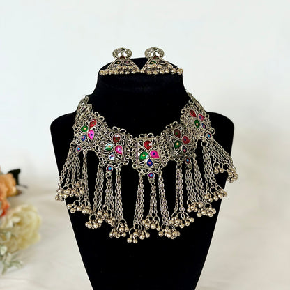 Oxidized Silver Multicolor Necklace Set, Ghungroo Statement Jewelry, Indian Boho Necklace Earrings, Navratri Garba Jewelry, Tribal Jewelry S