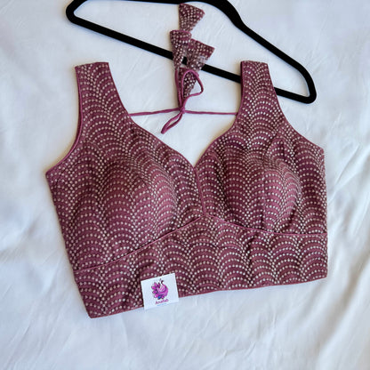 Elegant Dark Mauve Sequin Designer Blouse | Luxury Readymade Saree Blouse | Padded | Wedding, Festive & Party Wear | Crop top | Lehenga top