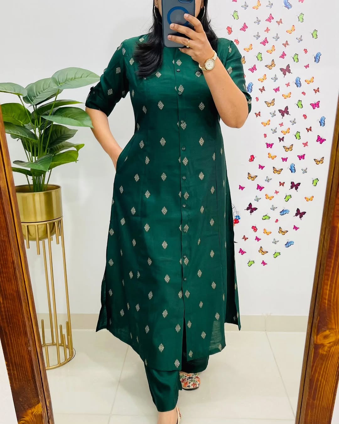 Emerald Green Cotton Co-Ord Set for Women, Princess Cut A Line Kurti with Pants, Ethnic Co-ords with Pockets, Daily Wear Outfit, office wear