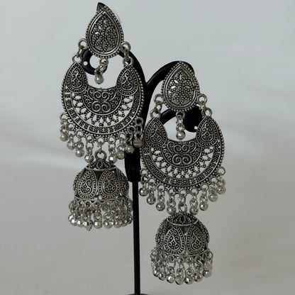 Oxidized Silver Chandbali Jhumka Earrings, Long Indian Statement Earrings, Traditional Ethnic Jewelry, Boho Dangle Earrings for Women