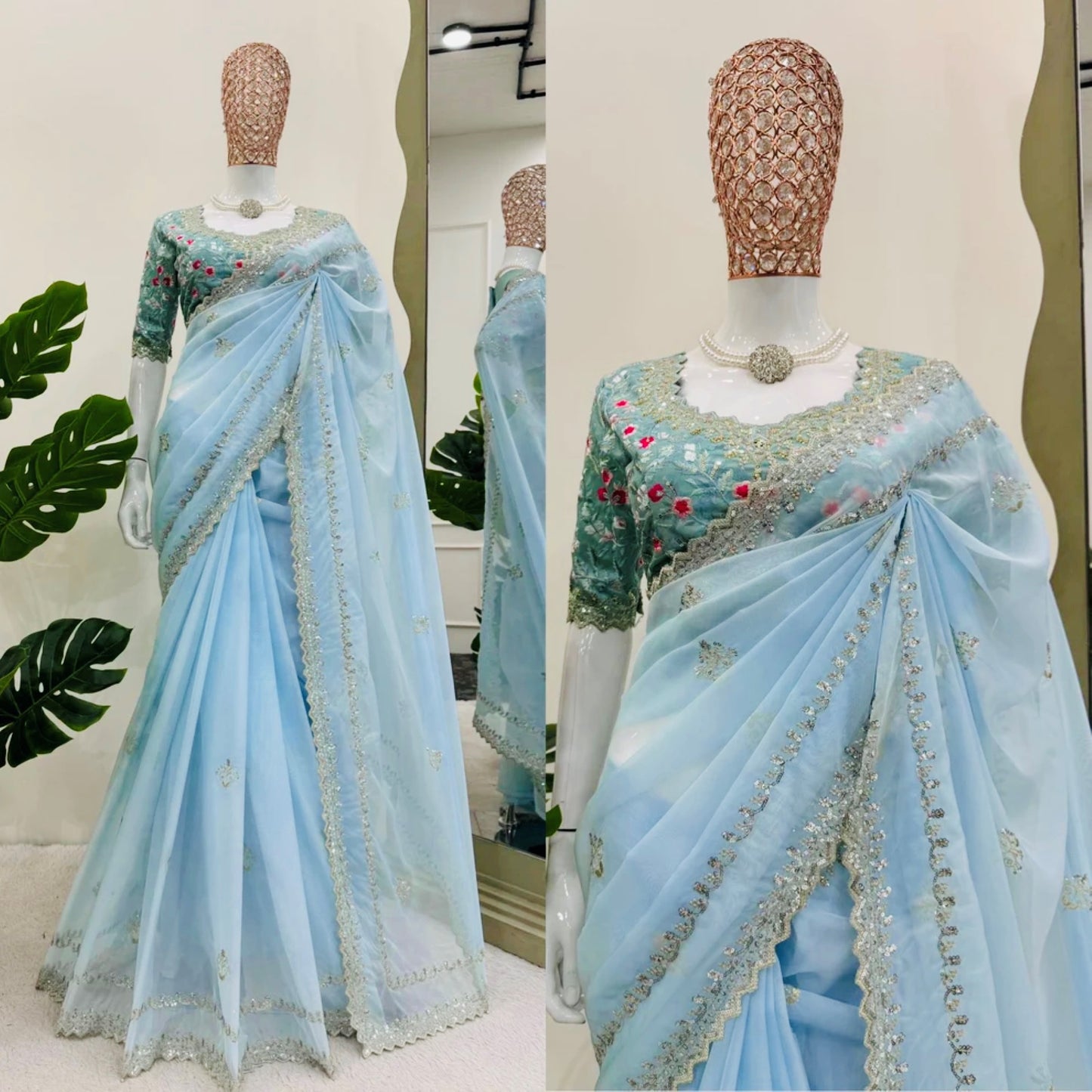 Luxurious Sky Blue Satin Silk Saree with Hand-Embroidered Stitched Blouse – Easy Customization for perfect fit, Ideal for Weddings, Parties, and Festive Occasions