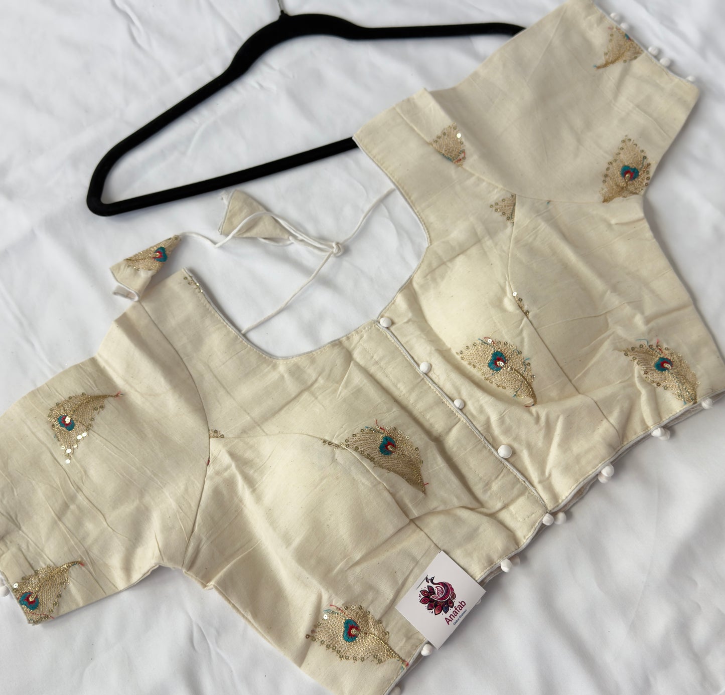Ivory Khadi Cotton Peacock Embroidery Blouse, Sequin Saree Blouse, Ready to Wear Front Open Indian Blouse, Short Sleeve Blouse, Crop top