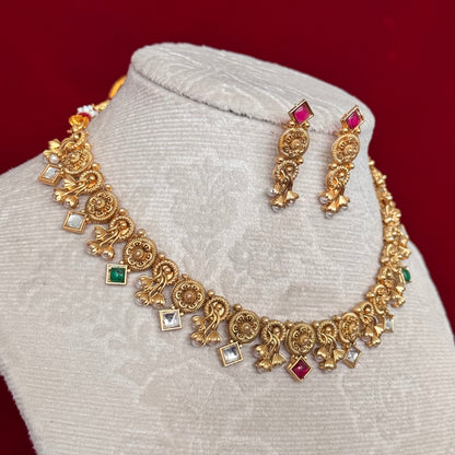 Majak Necklace Set | Traditional Temple Jewelry Set with Earrings | Antique Gold Finish Necklace | Ruby Green Stone Indian Jewelry | Bridal