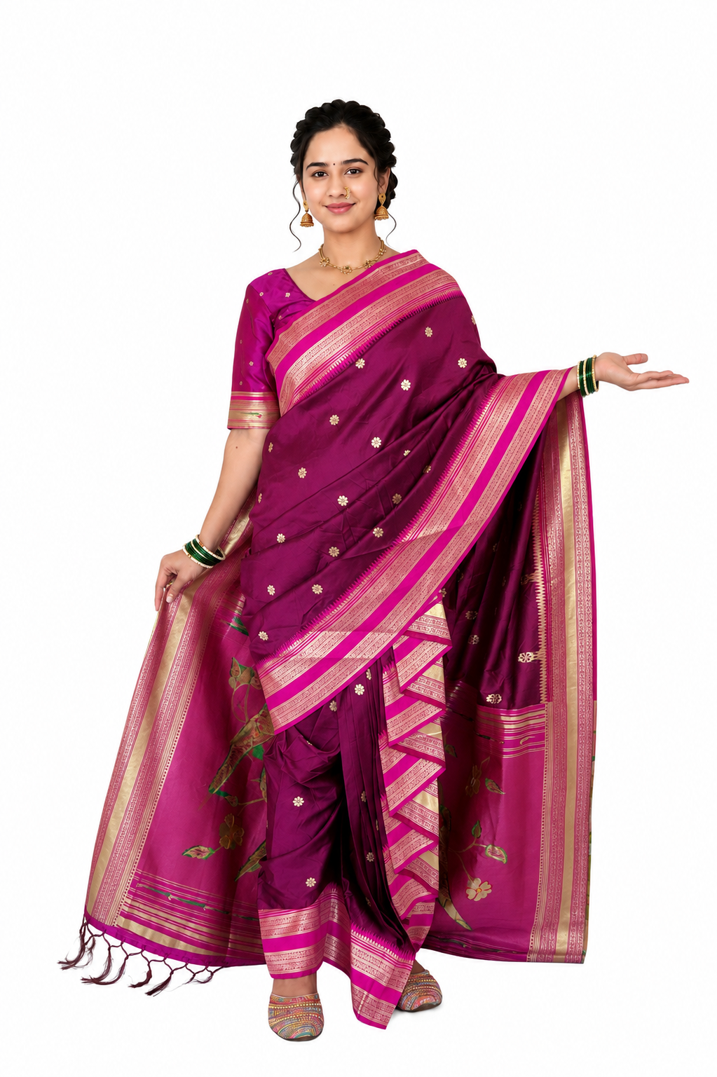 Ready to Wear Nauvari Saree with Blouse | Wine Shahi Mastani Style | Semi Silk Paithani 9 Yard Saree | Fully Stitched Maharashtrian Saree
