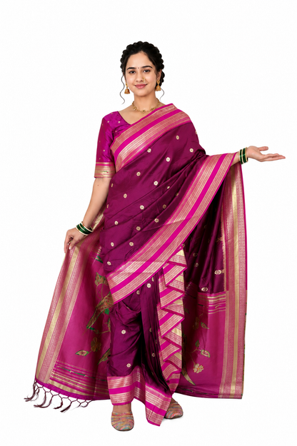 Ready to Wear Nauvari Saree with Blouse | Wine Shahi Mastani Style | Semi Silk Paithani 9 Yard Saree | Fully Stitched Maharashtrian Saree