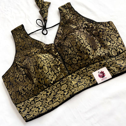 Black & Gold Brocade Saree Blouse, Readymade Indian Blouse, Padded Designer Blouse, Deep Back Neck Choli, Wedding Festive Blouse, Crop top
