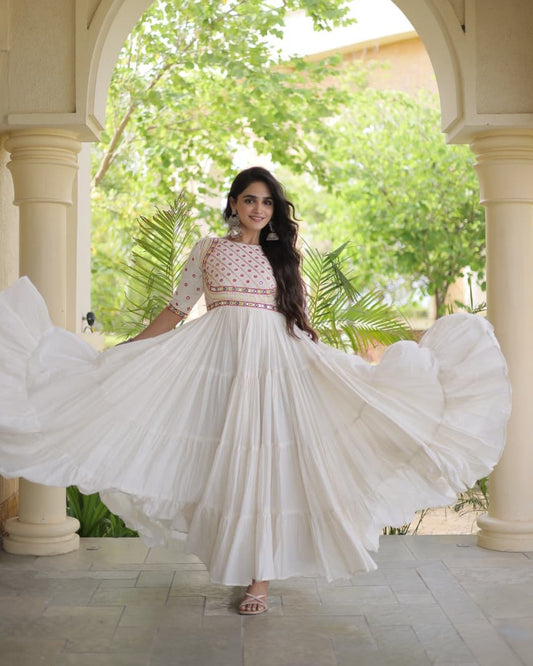 Navratri white Gown for Women, Garba Dandiya Dress, Mirror Work Kora Cotton Gown, Embroidered Indian Festival Dress, 12 Meter Flair