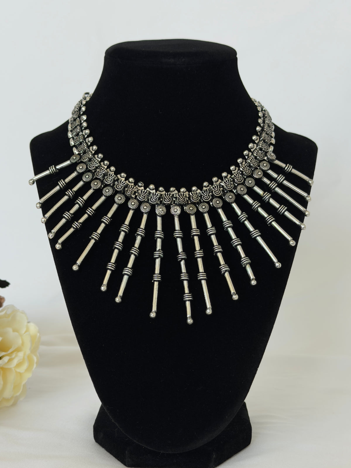 Oxidized Silver Statement Necklace, Tribal Indian Jewelry, Boho Long Stick Necklace, Navratri Garba Jewelry, Ethnic Festival Necklace