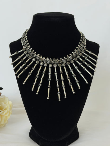 Oxidized Silver Statement Necklace, Tribal Indian Jewelry, Boho Long Stick Necklace, Navratri Garba Jewelry, Ethnic Festival Necklace