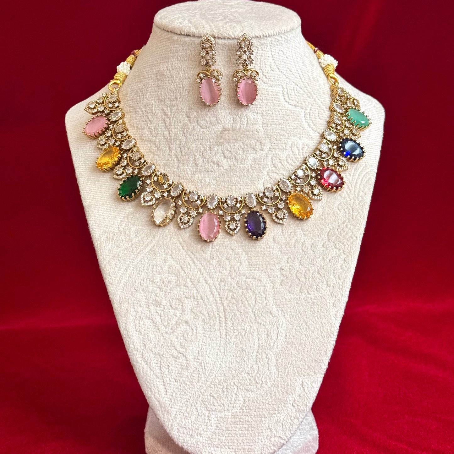 Multicolor Victorian Necklace Set for Women, Pastel Stone Statement Jewelry, Indian Wedding Necklace, CZ Party Wear Choker Set, Bridal Jewel