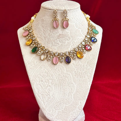 Multicolor Victorian Necklace Set for Women, Pastel Stone Statement Jewelry, Indian Wedding Necklace, CZ Party Wear Choker Set, Bridal Jewel
