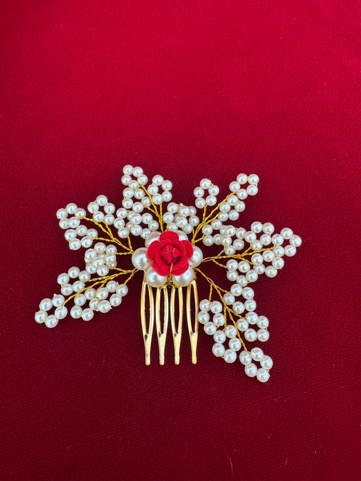 Pearl Floral Hair Brooch with Red Rose – Bridal Hair Comb, Traditional Bun Pin, Wedding Hair Accessory, Saree Hair Jewelry