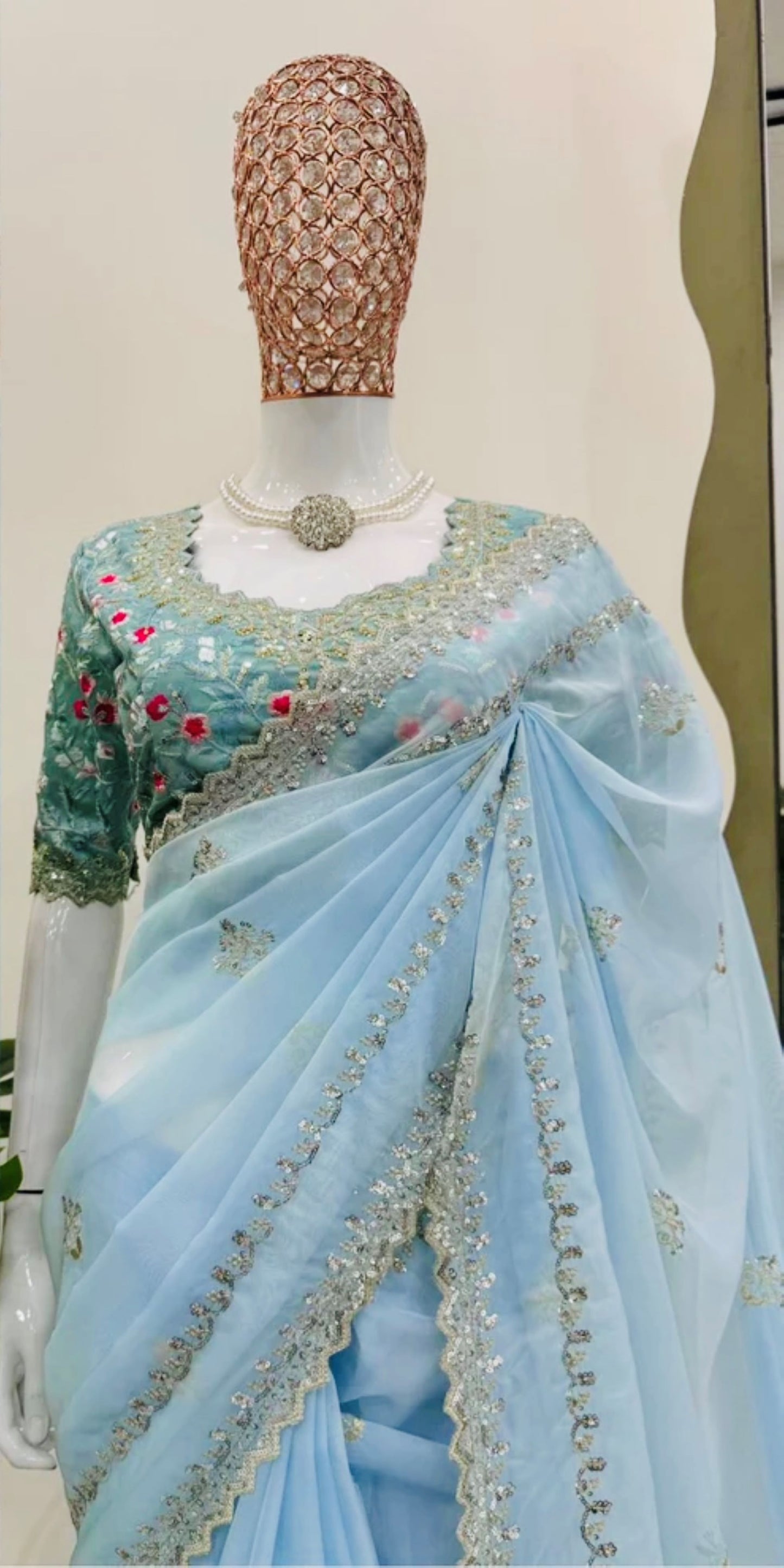 Luxurious Sky Blue Satin Silk Saree with Hand-Embroidered Stitched Blouse – Easy Customization for perfect fit, Ideal for Weddings, Parties, and Festive Occasions