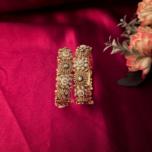 Antique Gold Kundan Kada Bangles Pair | Openable Bridal Festive Bangles | Traditional Indian Jewelry