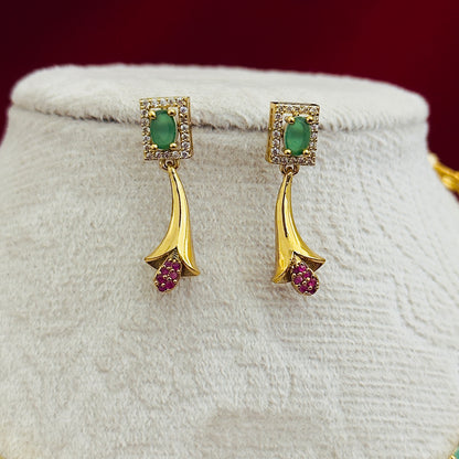 Designer CZ Floral Necklace Set, Gold Tone Statement Jewelry Set, Green Pink Stone Necklace, Party Wear Indian Jewelry, Modern Ethnic Gift