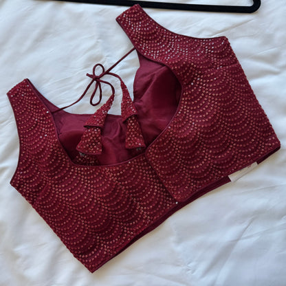 Maroon Sequin Designer Blouse | Readymade Party Wear Saree Blouse | Padded Bridal Blouse with Tie Back | Size 38–42 Adjustable