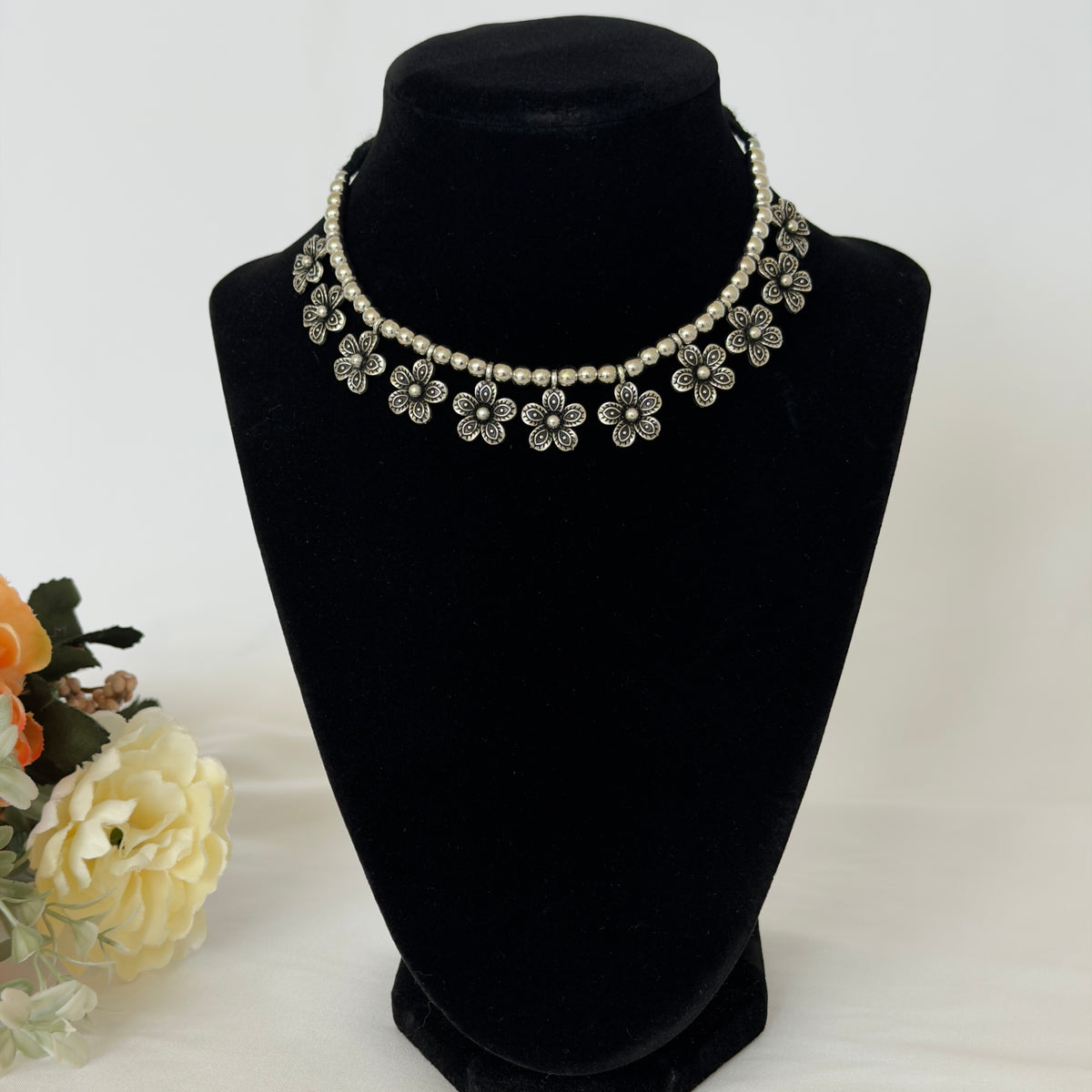 Kids Oxidized Silver Flower Necklace Set, Girls Floral Jewelry, Navratri Jewelry, Indian Festive Necklace Earrings, Oxidized Jewelry, gift for kids
