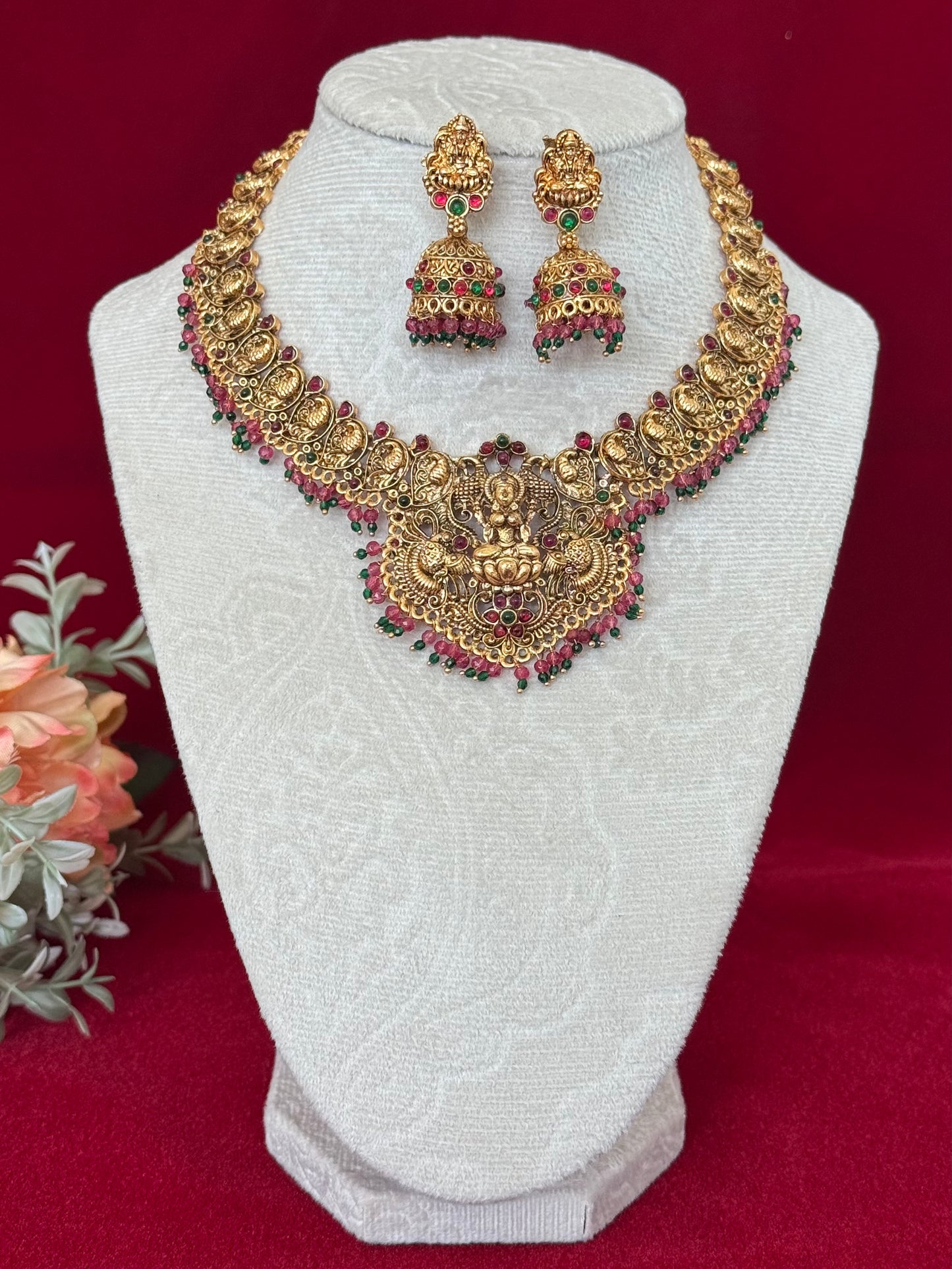 Antique Gold Lakshmi Temple Necklace Set, South Indian Bridal Jewelry, Traditional Goddess Pendant Necklace, Red Green Beads Temple Jewelry