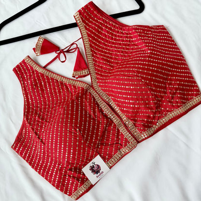 Bright Red Saree Blouse, V Neck Zari Embroidered Blouse, Sleeveless Ready to Wear Indian Blouse, Wedding Festive Blouse, Crop top, lehenga t
