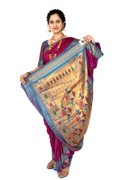 Magenta Ready to Wear Nauvari Saree, Fully Stitched Semi Silk Paithani Saree, Shahi Mastani Pattern, 9 Yard Maharashtrian Wedding Saree