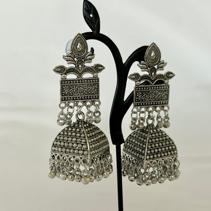 Oxidized Silver Jhumka Earrings, Large Indian Statement Earrings, Floral Tribal Jhumki, Traditional Ethnic Jewelry, Boho Festive, Garba earr