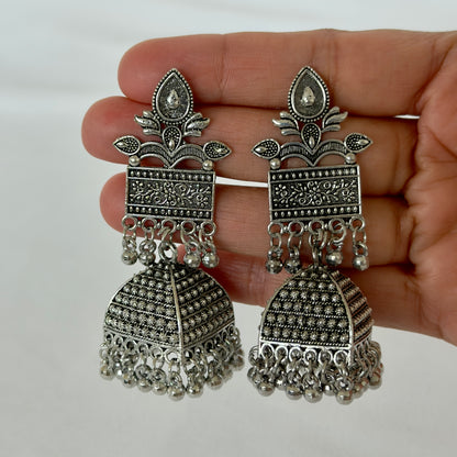 Oxidized Silver Jhumka Earrings, Large Indian Statement Earrings, Floral Tribal Jhumki, Traditional Ethnic Jewelry, Boho Festive, Garba earr