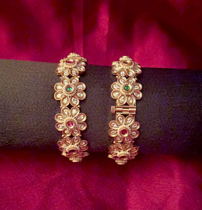 Handcrafted Kundan Floral Openable Kada | Gold-Tone Indian Bangle with Ruby & Emerald Stones