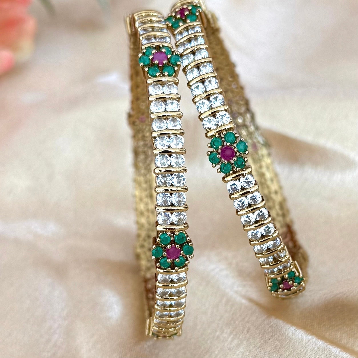 Elegant Gold Finish Crystal Bangles Set with Emerald Ruby Floral Design | Elegant Indian Bridal & Festive Kada | 2 Pc Set | ethnic bangles