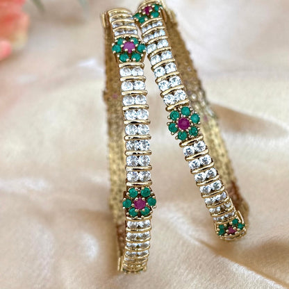 Elegant Gold Finish Crystal Bangles Set with Emerald Ruby Floral Design | Elegant Indian Bridal & Festive Kada | 2 Pc Set | ethnic bangles