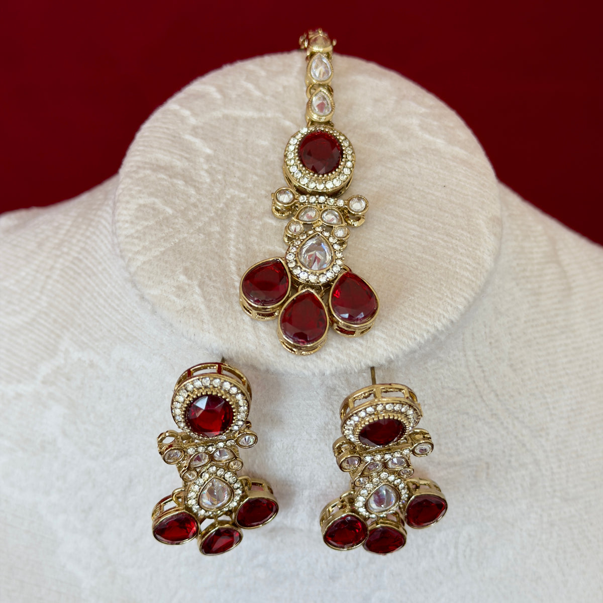 Maroon Kundan Necklace Set with Earrings & Maang Tikka, Indian Bridal Jewelry Set, Gold Tone Kundan Wedding Necklace, Traditional Jewelry
