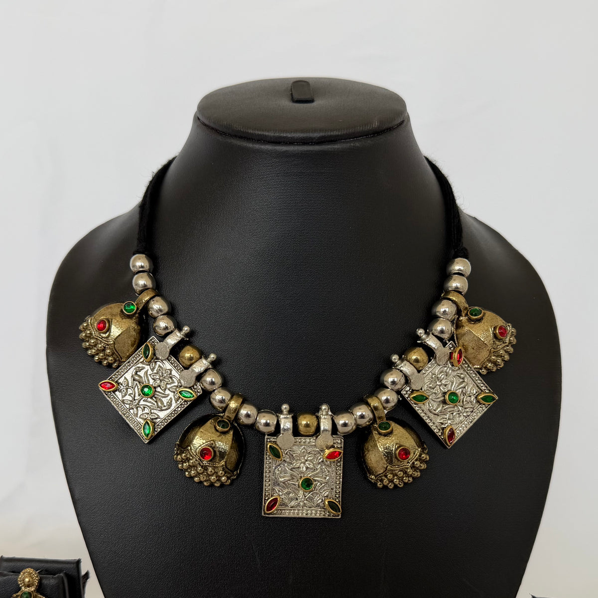 Oxidized Silver & Gold Necklace Set, Dual Tone Indian Jewelry, Jhumka Pendant Necklace, Red Green Stone Jewelry, Navratri Garba Jewelry Set