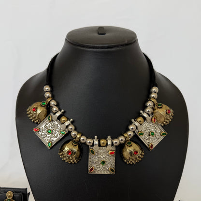 Oxidized Silver & Gold Necklace Set, Dual Tone Indian Jewelry, Jhumka Pendant Necklace, Red Green Stone Jewelry, Navratri Garba Jewelry Set