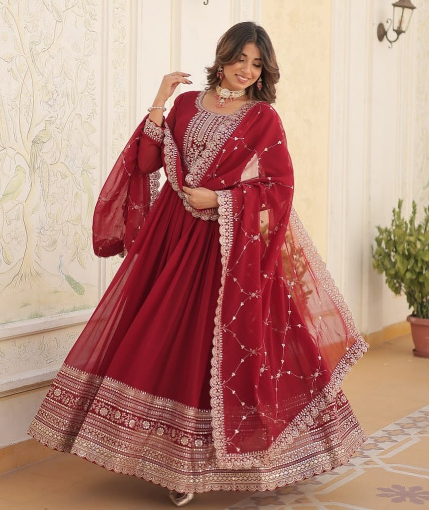 Maroon Embroidered Gown with Dupatta | Fully Stitched Anarkali Style Dress | Indian Ethnic Wear for Weddings & Parties