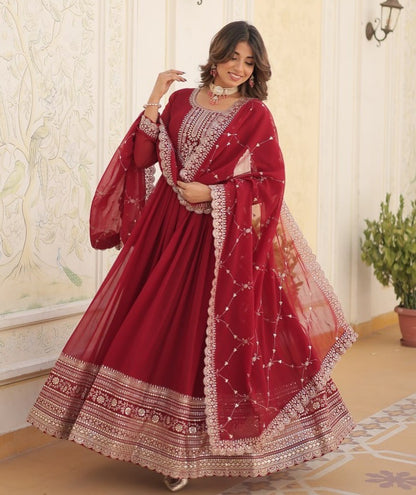 Maroon Embroidered Gown with Dupatta | Fully Stitched Anarkali Style Dress | Indian Ethnic Wear for Weddings & Parties