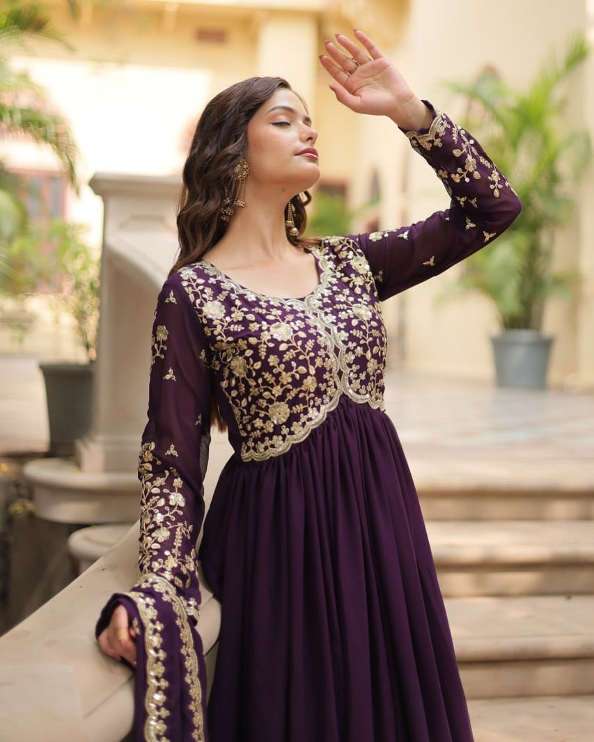 Designer Wine Long Gown with Dupatta | Zari & Sequins Embroidered Party Wear Dress