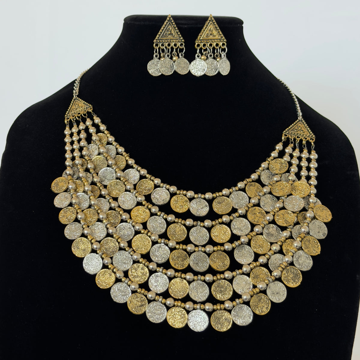 Oxidized Silver Gold Coin Necklace Set, 5 Layer Indian Statement Necklace with Earrings, Navratri Garba Jewelry, Tribal Boho Ethnic Jewelry