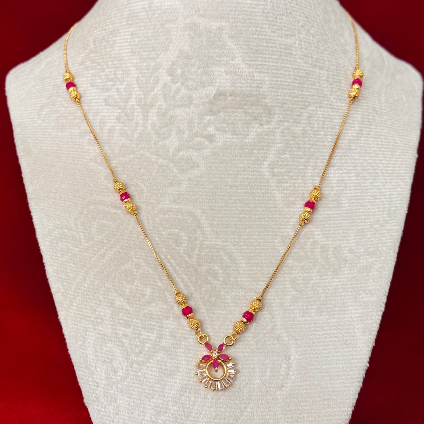 Minimal Ruby Pink Daily Wear Necklace for Women | Dainty Gold Tone Pendant Necklace | Indian Traditional Jewelry Gift | Party wear necklace