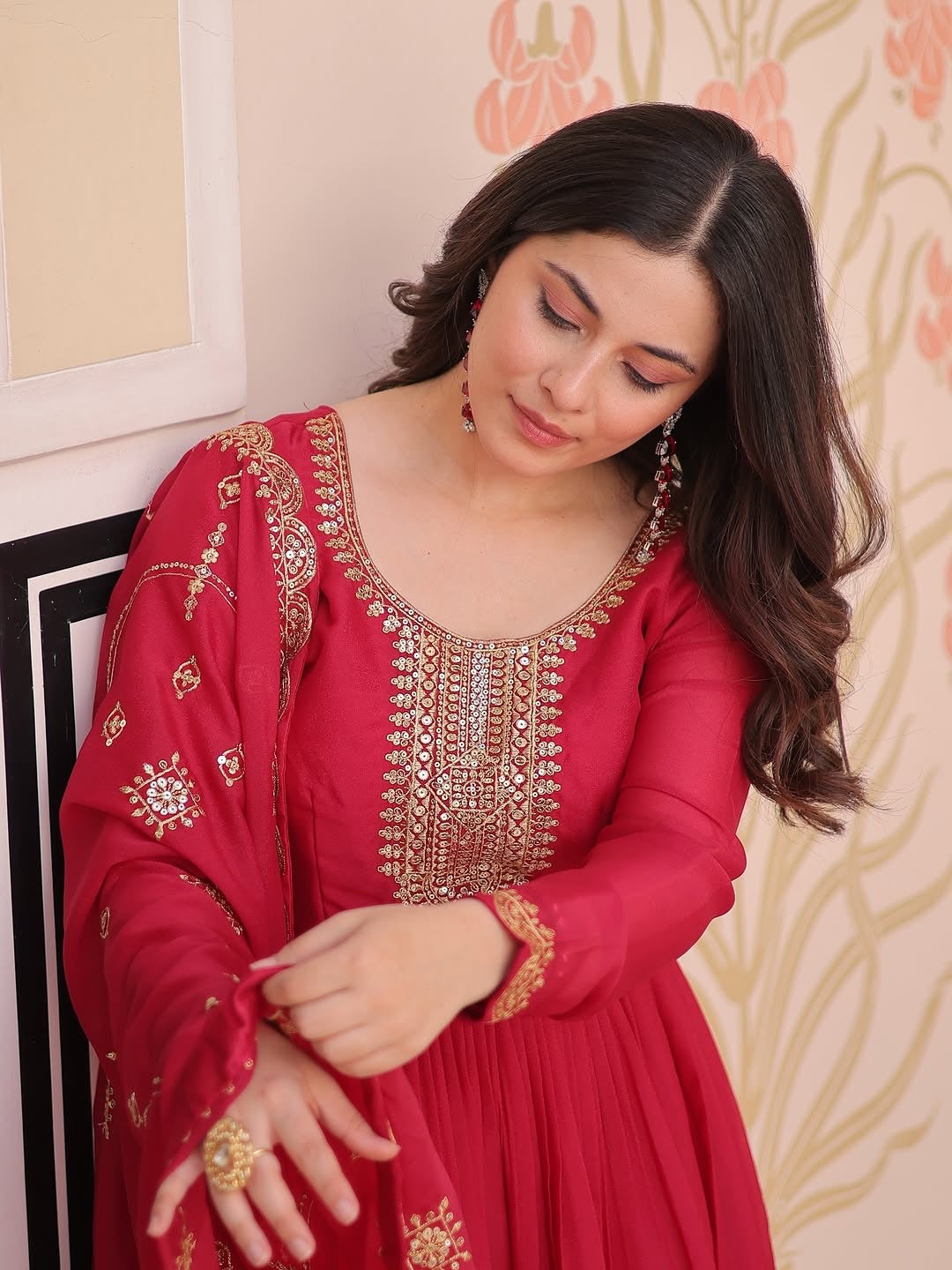Rani Pink Anarkali Gown with Dupatta, Georgette Embroidered Indian Dress, Zari Sequin Long Gown, Wedding Outfit for Women, festive Outfit