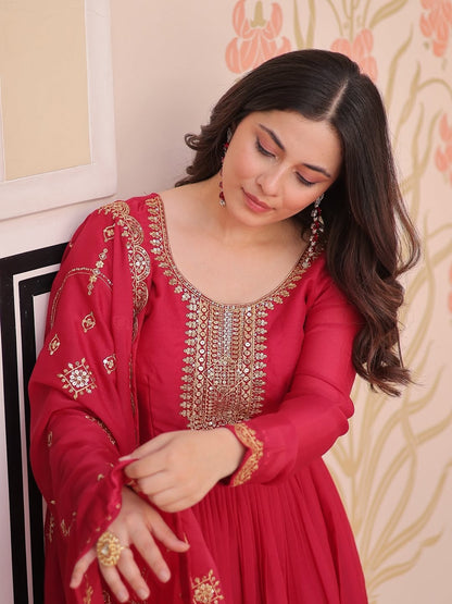 Rani Pink Anarkali Gown with Dupatta, Georgette Embroidered Indian Dress, Zari Sequin Long Gown, Wedding Outfit for Women, festive Outfit