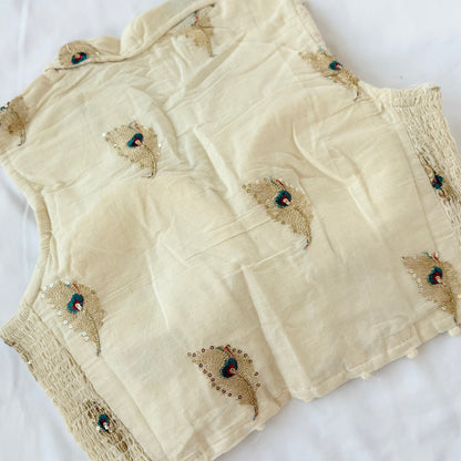 Khadi Cotton Embroidered Blouse, Ivory Peacock Sequin Work Saree Blouse, Stretchable Collar Neck Blouse, Ready to Wear Indian Blouse, Crop t