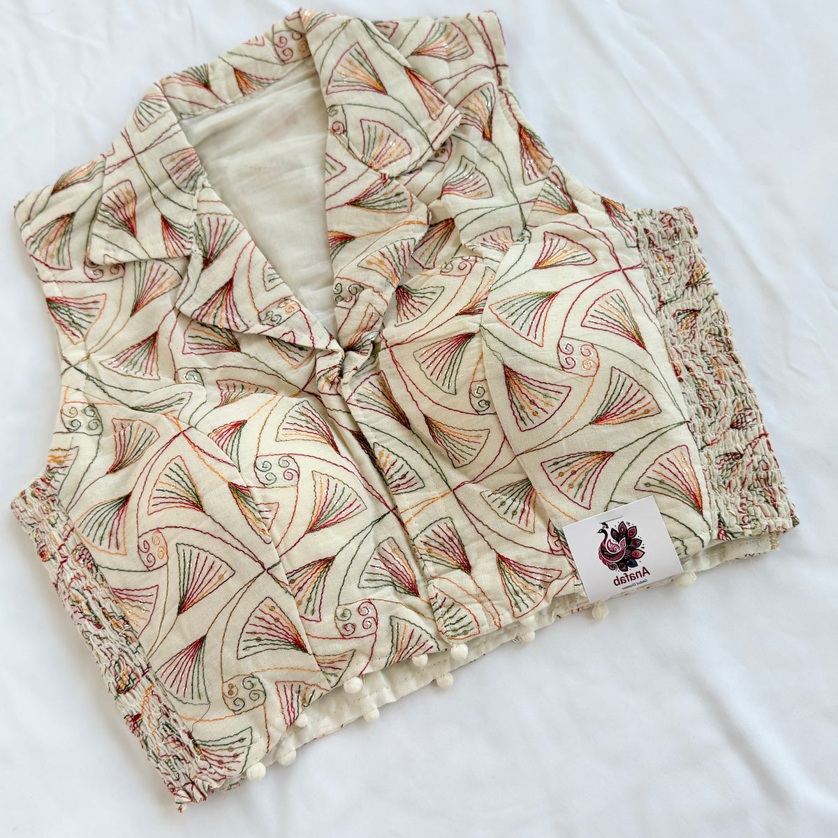 Khadi Cotton Embroidered Blouse,  Multicolor Thread & Sequin Work Stretchable Saree Blouse, Collar Neck Front Open Indian Blouse, Crop top