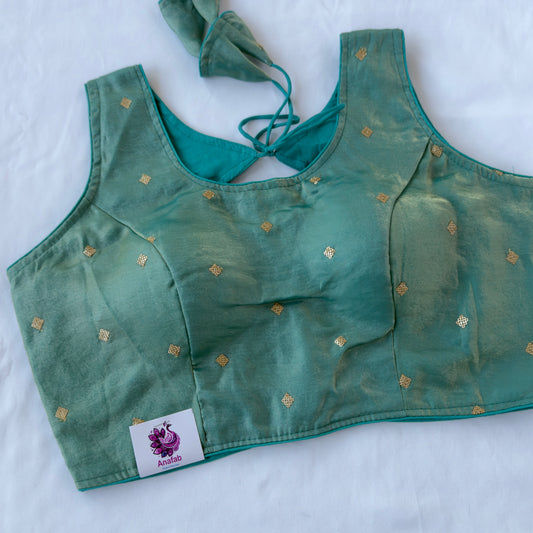 Sea green Fendy Silk Saree Blouse, Gold Sequin Butti Work Blouse, Ready to Wear Indian Blouse, Designer Wedding Festive Blouse, Crop top,