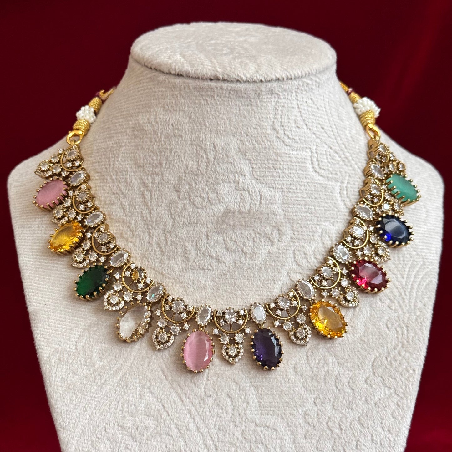 Multicolor Victorian Necklace Set for Women, Pastel Stone Statement Jewelry, Indian Wedding Necklace, CZ Party Wear Choker Set, Bridal Jewel