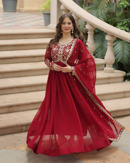 Designer Maroon Long Gown with Dupatta | Zari & Sequins Embroidered Party Wear Dress