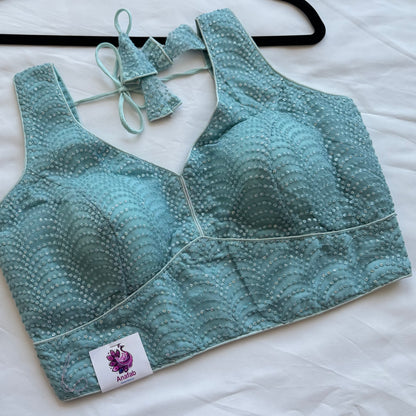 Light Sky Blue Sequin Designer Blouse | Readymade Padded Saree Blouse | Elegant Party Wear Blouse with Tie Back, Size 38–42 | Lehenga blouse