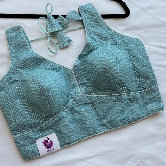 Light Sky Blue Sequin Designer Blouse | Readymade Padded Saree Blouse | Elegant Party Wear Blouse with Tie Back, Size 38–42 | Lehenga blouse